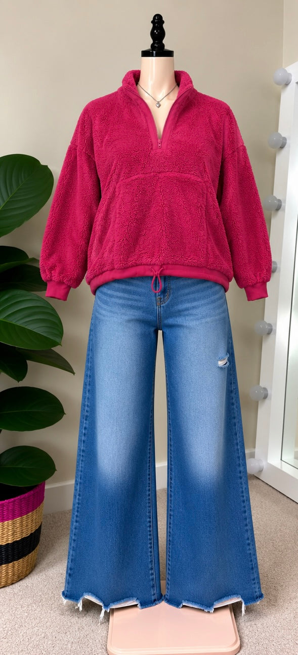Sudadera de Borrega Fucsia con Cierre