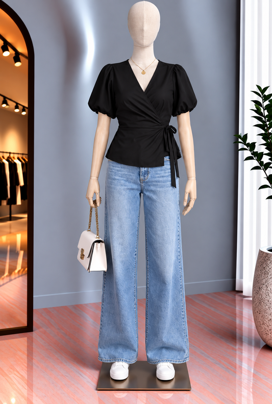 Blusa Negra Cruzada con Manga Abullonada