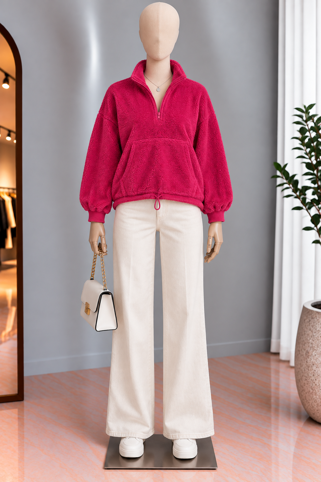 Sudadera de Borrega Fucsia con Cierre