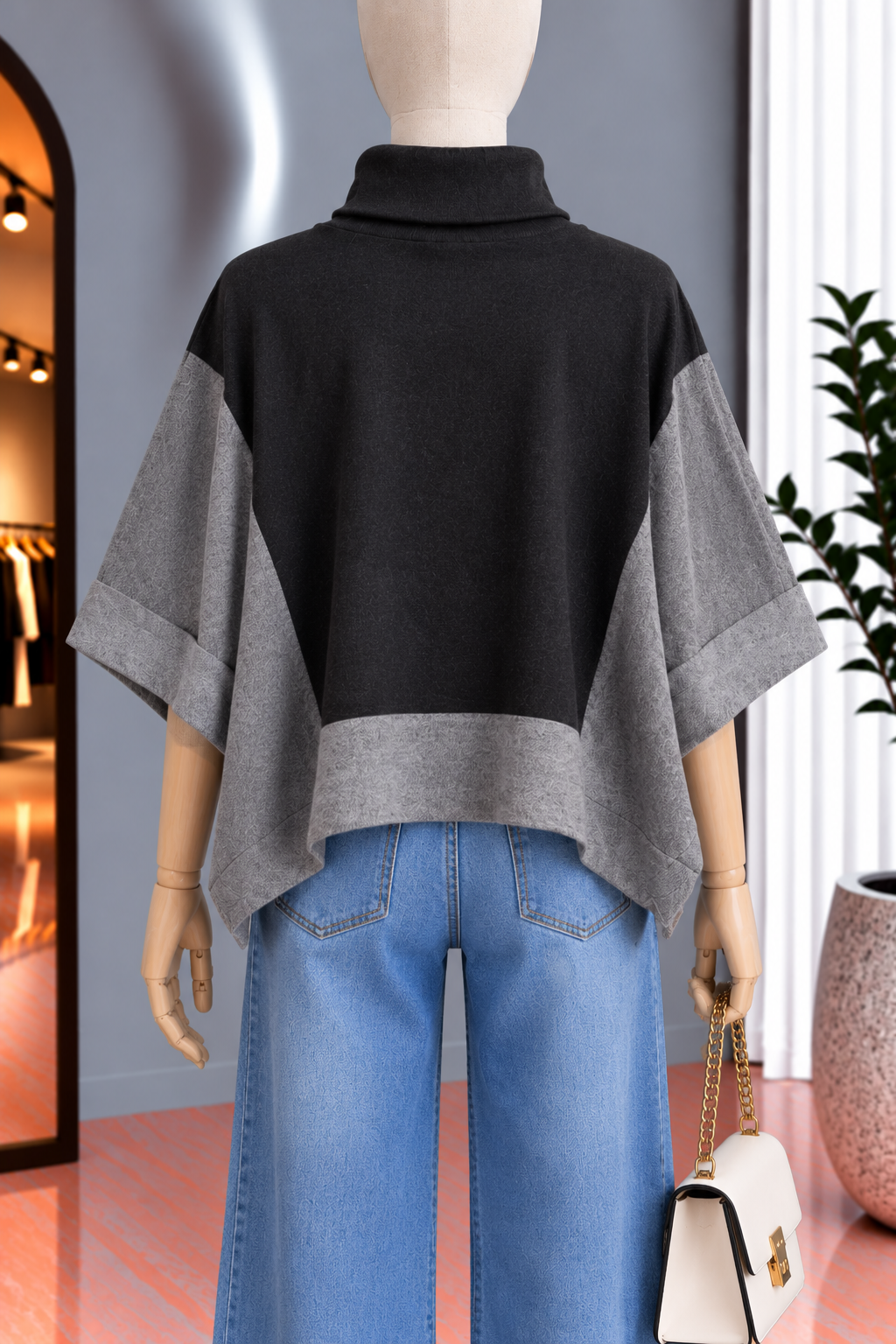 Poncho Bicolor Negro y Gris con Cuello