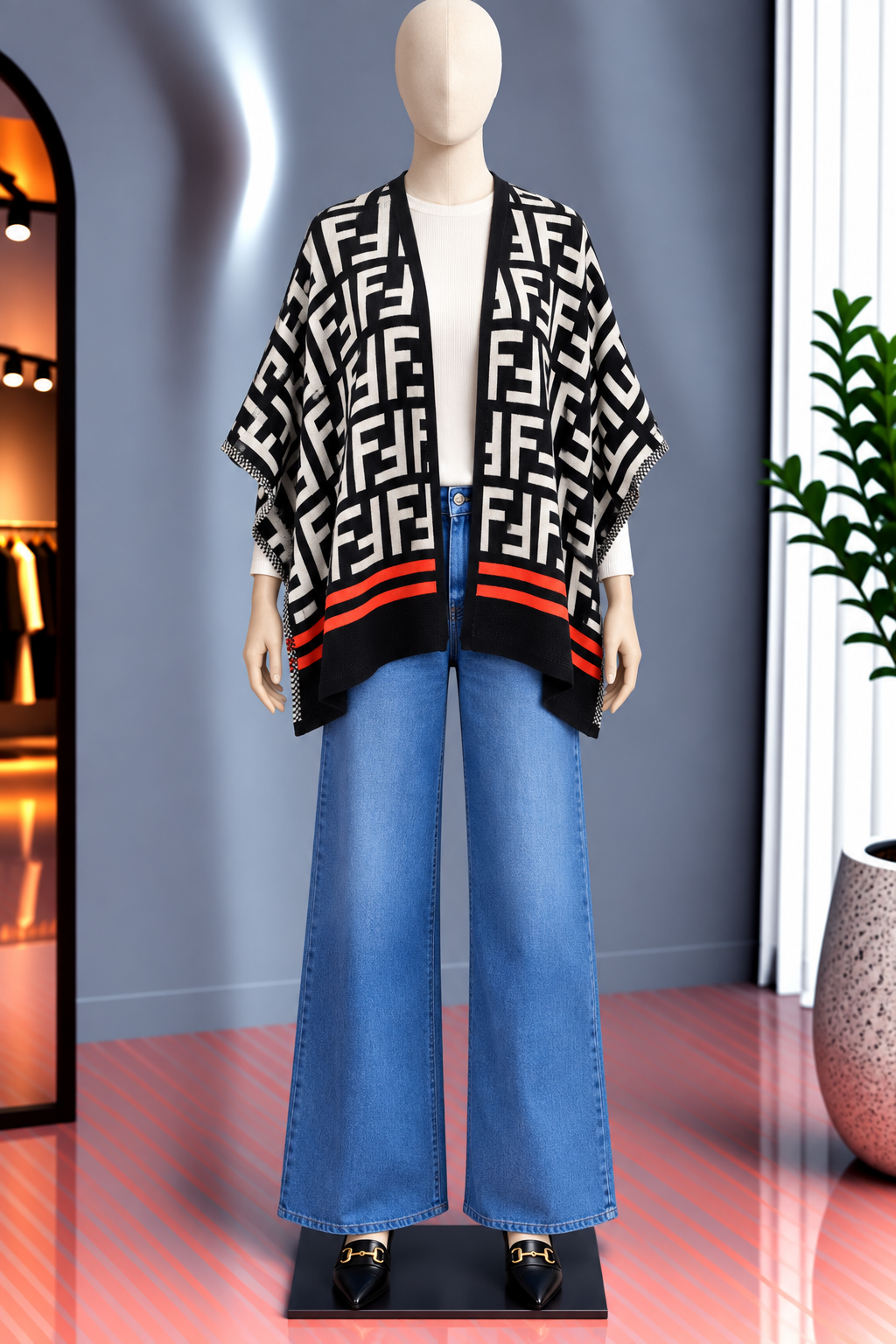 Poncho Negro Estampado FF con Detalles