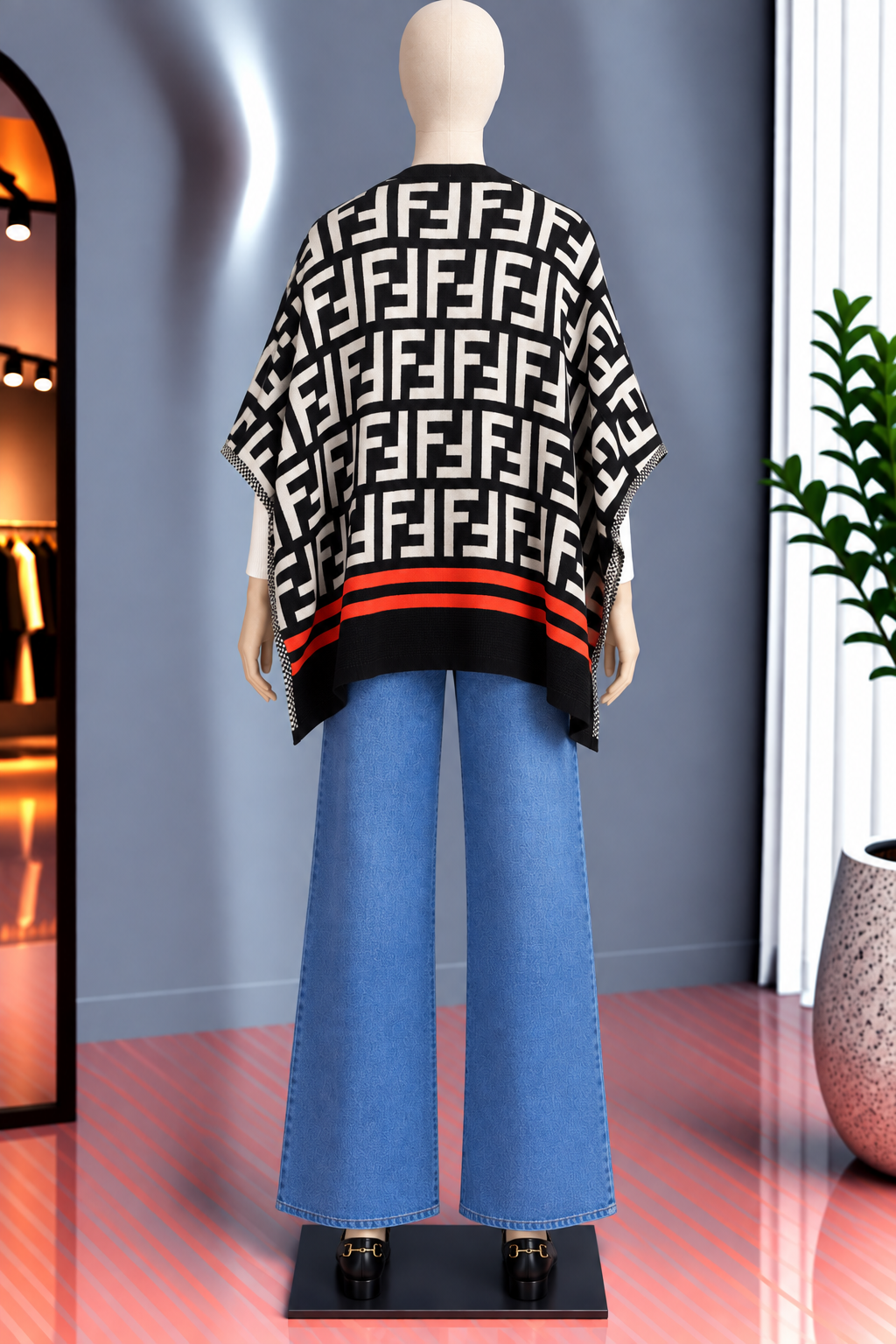 Poncho Negro Estampado FF con Detalles