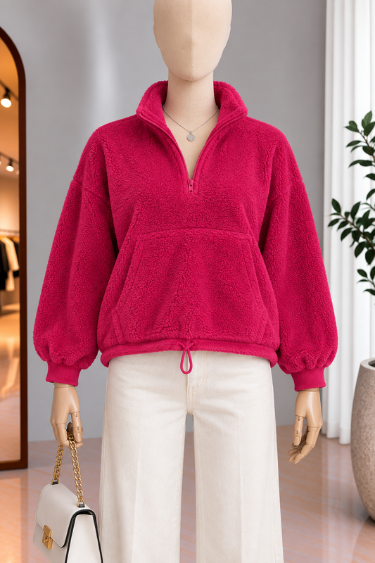 Sudadera de Borrega Fucsia con Cierre