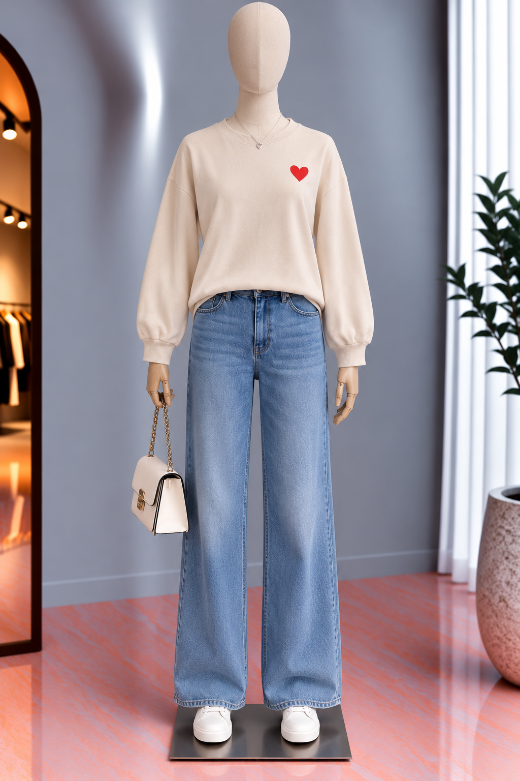 Sudadera Beige con Corazón Rojo