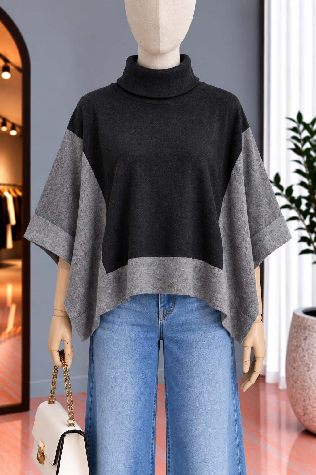 Poncho Bicolor Negro y Gris con Cuello