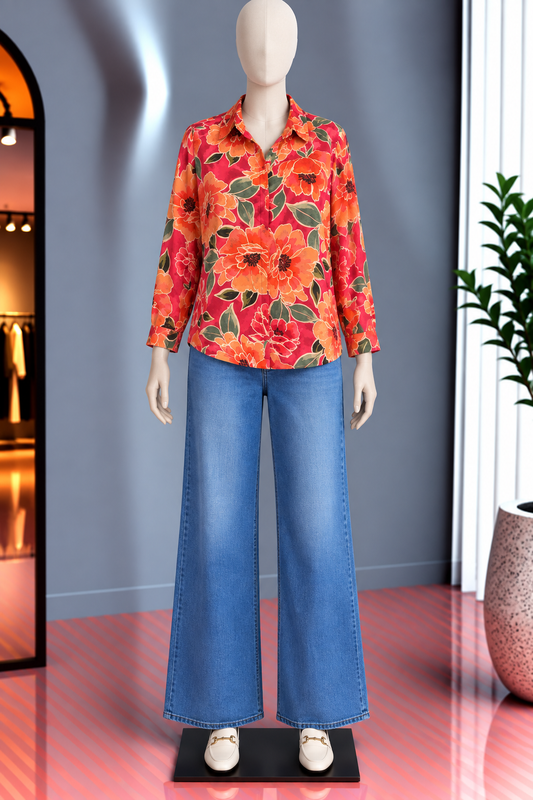 Blusa Floral Roja de Manga Larga