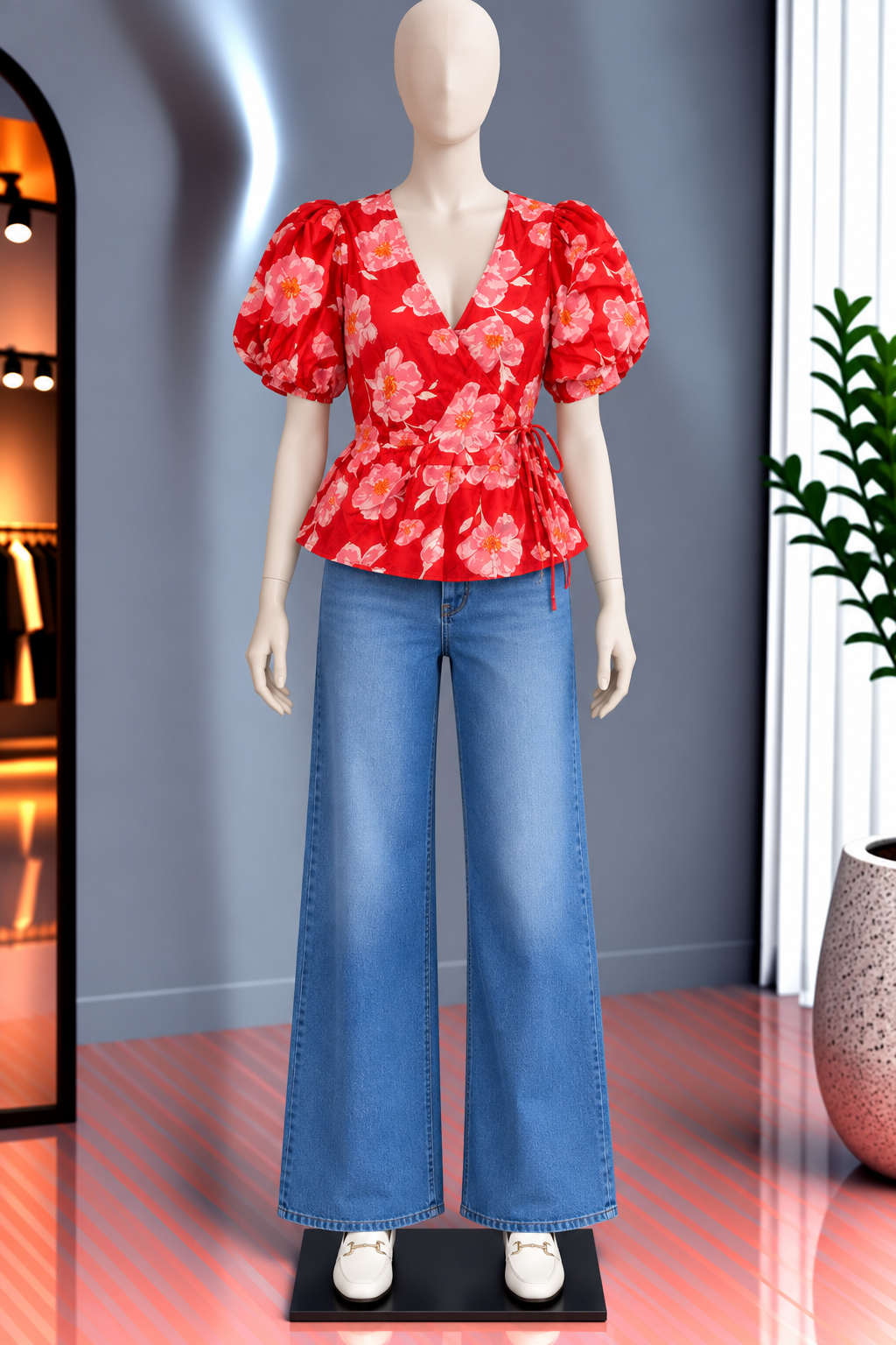 Blusa Floral Roja con Manga Abullonada
